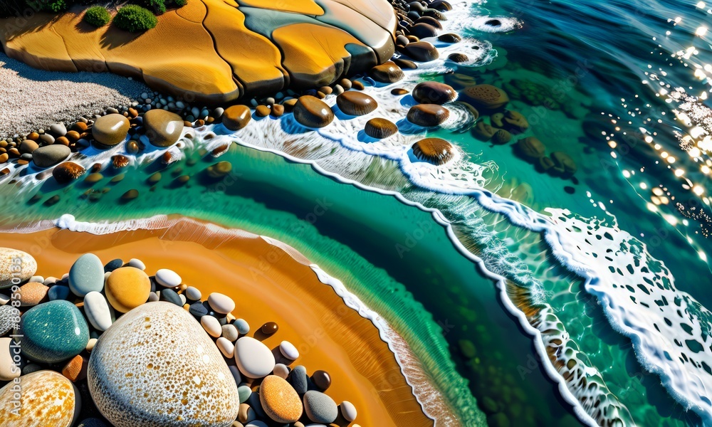 Fototapeta premium Aerial view of a beach with rocks and water