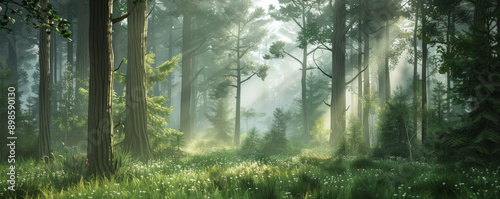 A tranquil forest backdrop with tall trees, a soft mist, and dappled sunlight, creating a peaceful and enchanting scene.