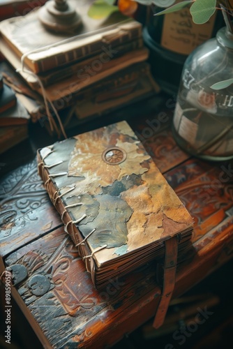 Vintage Handmade Leather-Bound Journal on Wooden Table for Rustic Home Decor and Writing Inspiration