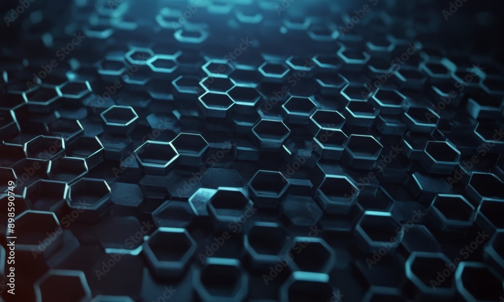 Obraz premium close-up of a dark blue background with numerous hexagonal shapes, creating a visually striking and intricate pattern.