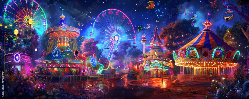 Obraz premium A vibrant carnival backdrop with colorful lights, rides, and festive decorations, creating an exciting and joyful scene.
