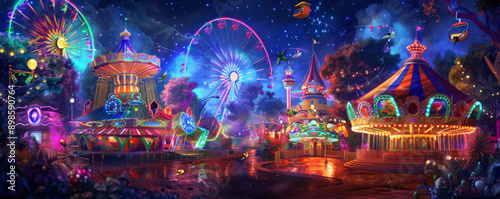 A vibrant carnival backdrop with colorful lights, rides, and festive decorations, creating an exciting and joyful scene.