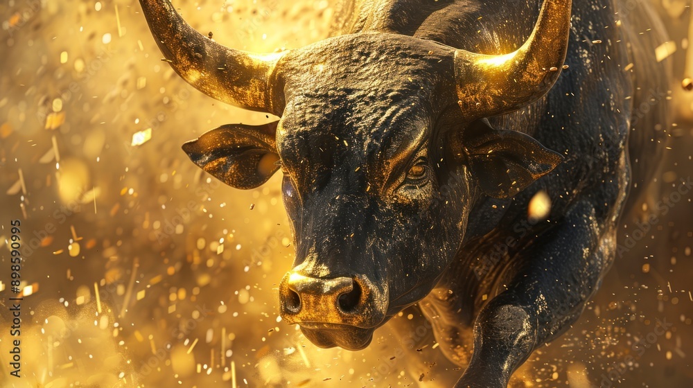 Bull statue charging forward in a golden hue, symbolizing market strength and bullish trends. Bull statue charging forward in a golden hue, symbolizing market strength and bullish trends.