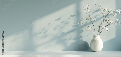 The scene features a light blue background with a white tabletop, window shadow on the wall, and soft sunlight shining in from outside, creating a warm and inviting atmosphere.