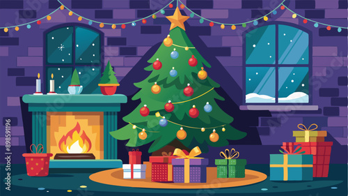 Stylishly decorated Christmas tree with fireplace interiors with a Christmas tree, lights and gifts under the tree.. Generative AI
