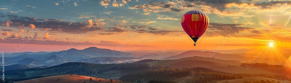 Majestic hot air balloon flight at sunrise, peaceful skies, breathtaking views Majestic hot air balloon flight at sunrise, peaceful skies, breathtaking views