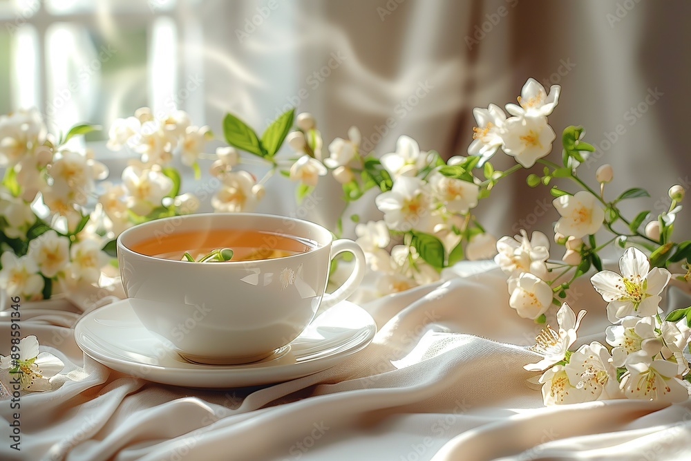 A Cup of green tea and white Jasmine flowers.Jasmine flowers in vase and two glass cups of green tea A Cup of green tea and white Jasmine flowers.Jasmine flowers in vase and two glass cups of green tea