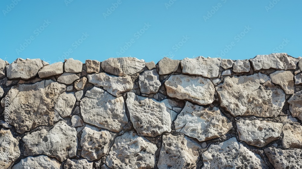 High-resolution texture of a stone wall with deep grooves and cracks, set against a clear blue sky High-resolution texture of a stone wall with deep grooves and cracks, set against a clear blue sky