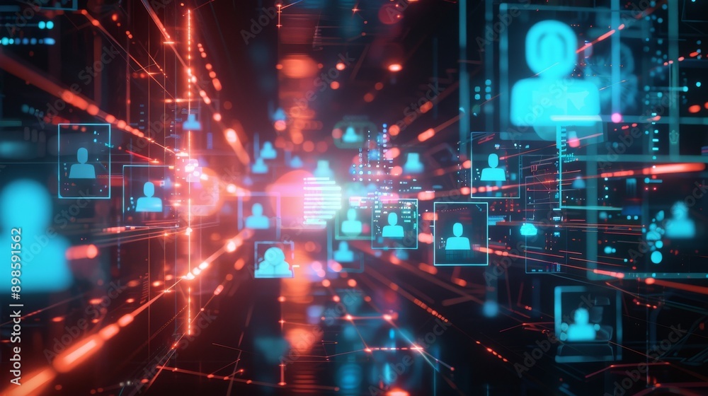 Abstract digital network with glowing icons representing users and connections. Abstract digital network with glowing icons representing users and connections.