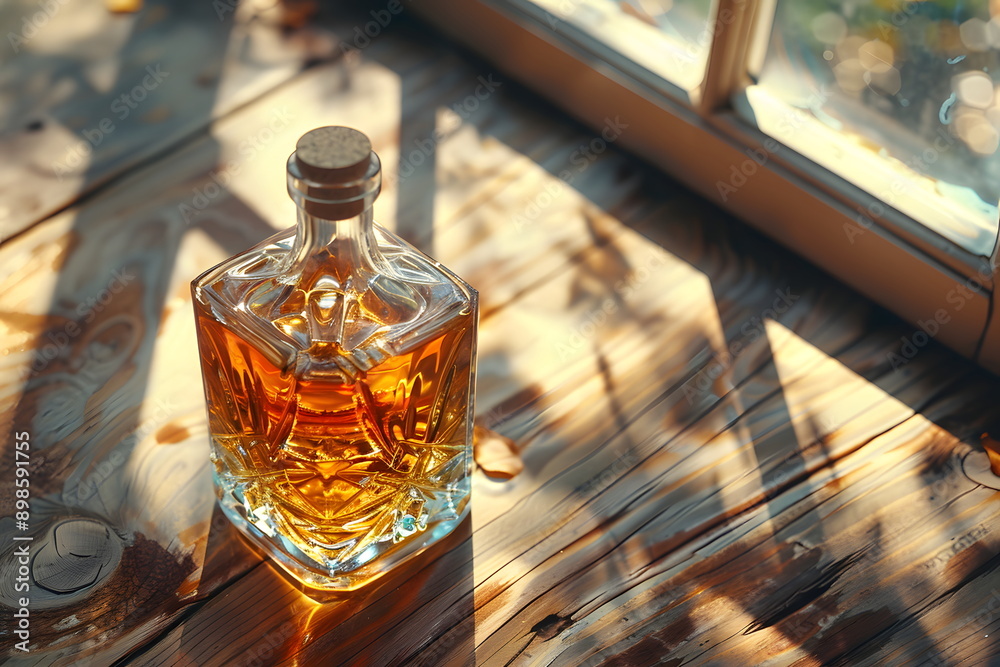 Whiskey glass and bottle on a wooden table in brown tones gives a feeling of warmth, luxury and charm suitable for use in alcoholic beverage advertisements that emphasizes uniqueness and class. Whiskey glass and bottle on a wooden table in brown tones gives a feeling of warmth, luxury and charm suitable for use in alcoholic beverage advertisements that emphasizes uniqueness and class.