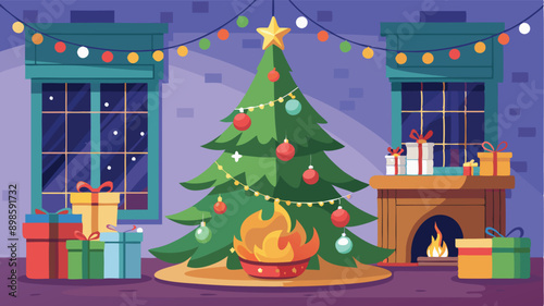 Stylishly decorated Christmas tree with fireplace interiors with a Christmas tree, lights and gifts under the tree.. Generative AI
