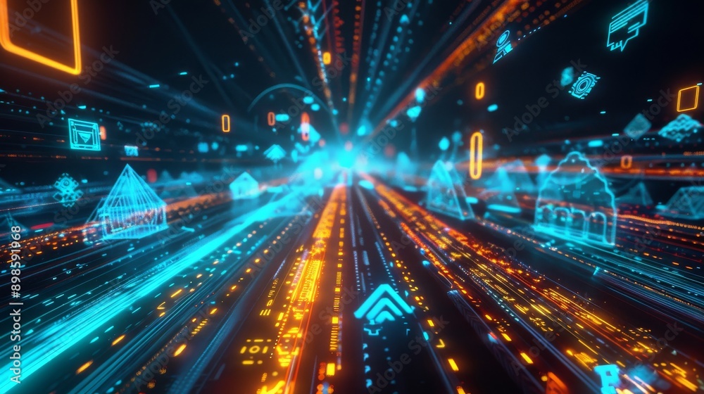 Abstract digital tunnel with glowing lines and symbols representing the digital world. Abstract digital tunnel with glowing lines and symbols representing the digital world.