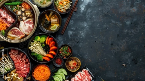 Overhead shot of a Shabushi meal with various meats, vegetables, and broths in hot pots photo