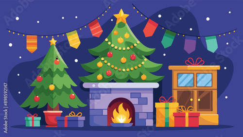 Stylishly decorated Christmas tree with fireplace interiors with a Christmas tree, lights and gifts under the tree.. Generative AI
