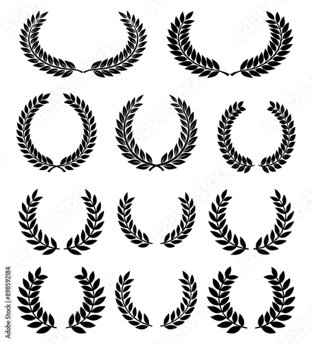 Set black silhouette circular laurel foliate, wheat and oak wreaths depicting an award, achievement, heraldry, nobility on white background. Emblem floral greek branch flat style.