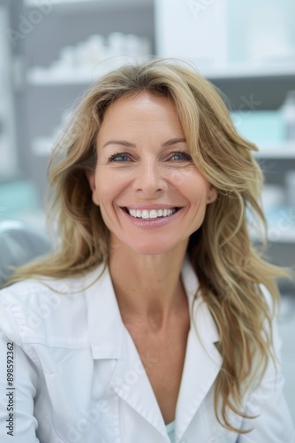 Middle-Aged Woman Post-Botox Injection Smiling in a Bright Clinic Setting - Cosmetic Enhancement Concept © spyrakot