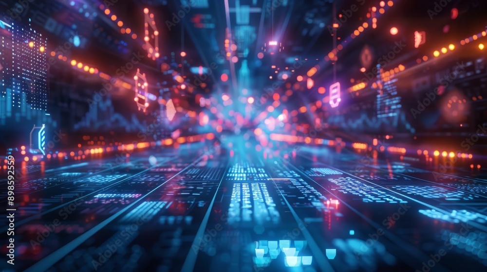 Abstract futuristic cityscape with neon lights and glowing digital data.