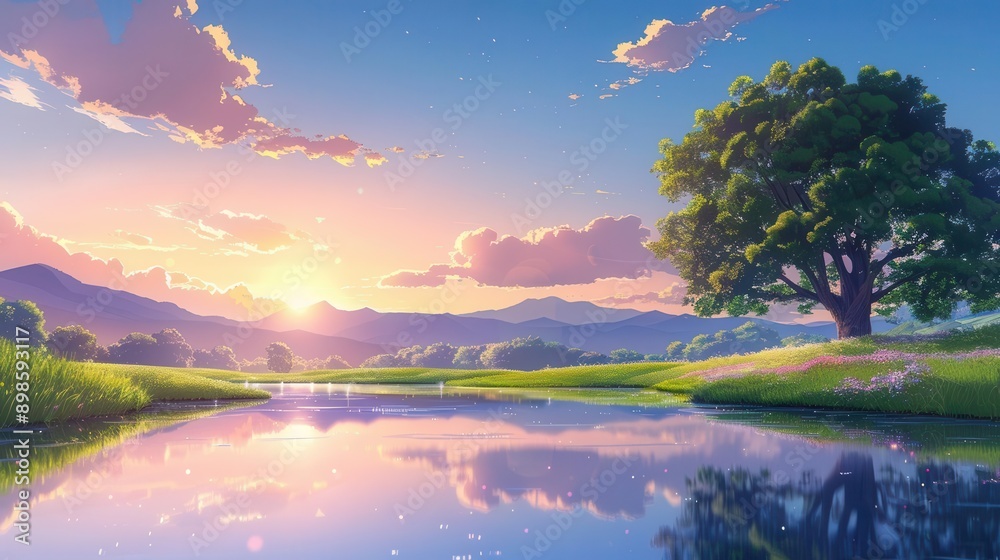 Peaceful sunset landscape with a lone tree by a tranquil lake. Peaceful sunset landscape with a lone tree by a tranquil lake.