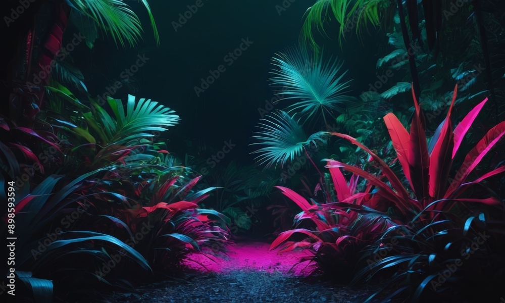 photograph of a tropical forest with a path leading through it, surrounded by colorful plants and foliage.