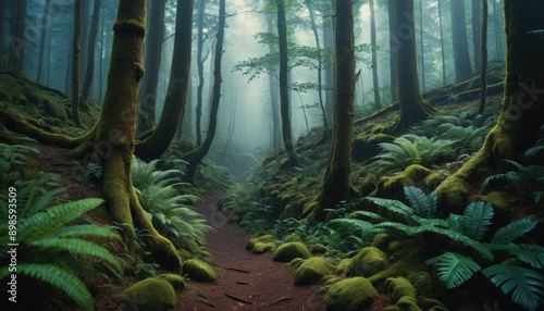 environment, Foggy Trail in a Ferny Forest