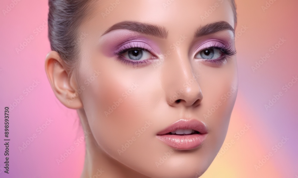 close-up of a woman's face with makeup and a pink background. close-up of a woman's face with makeup and a pink background.