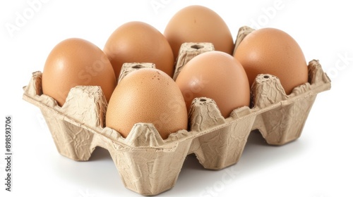 Brown eggs in carton on white background