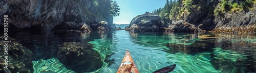 Adventure blogger kayaking with a dog, crystal  clear waters, focus on the thrill photo