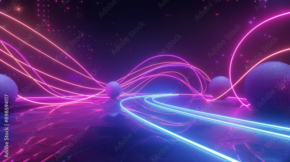 Naklejka premium Abstract neon glowing lines and orbs in a futuristic landscape.
