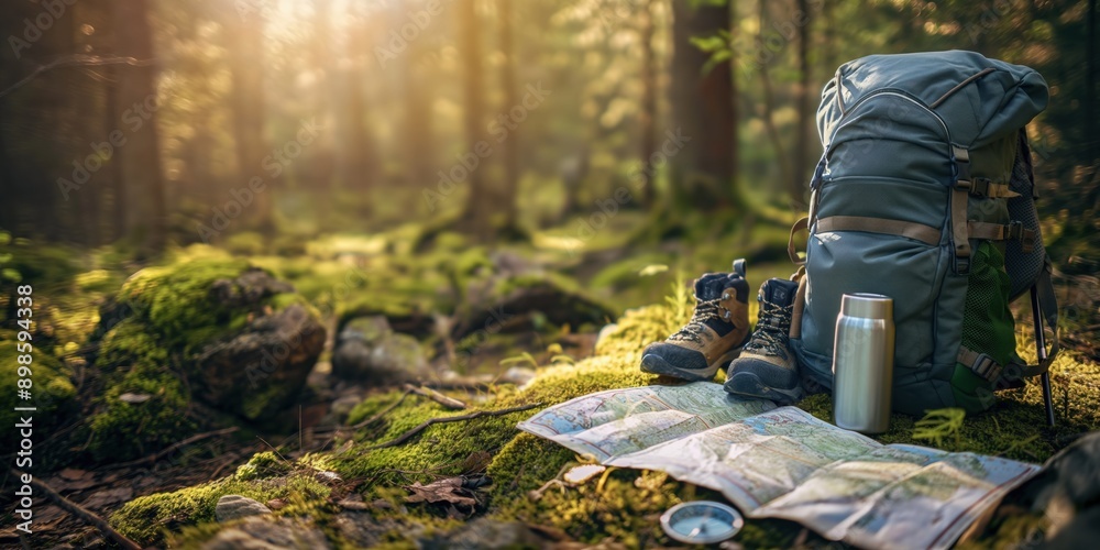 Close-up photo of a hiking backpack, hiking boots, a map, a compass, and hiking equipment on mossy ground in a forest. Hiking and outdoor adventure concept. Close-up photo of a hiking backpack, hiking boots, a map, a compass, and hiking equipment on mossy ground in a forest. Hiking and outdoor adventure concept.