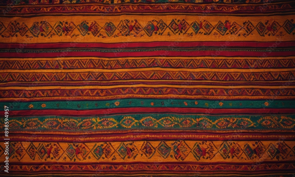 close-up of a colorful, patterned fabric with a repeating design of stripes and floral motifs. close-up of a colorful, patterned fabric with a repeating design of stripes and floral motifs.