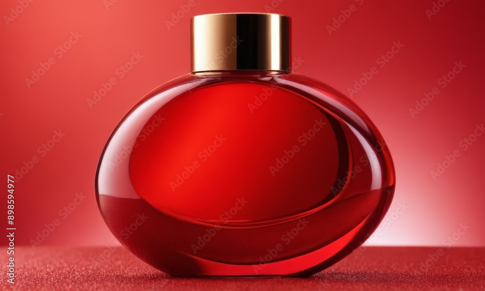 bottle of red liquid with a gold cap, placed on a red surface. bottle of red liquid with a gold cap, placed on a red surface.