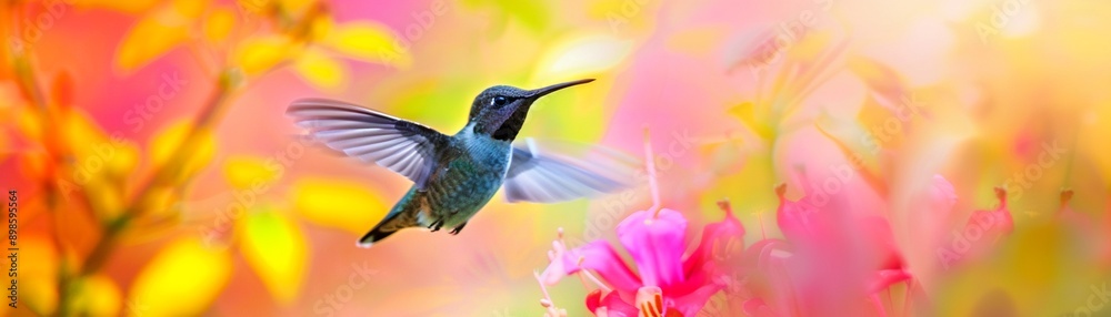 Naklejka premium Photographer capturing hummingbirds, vibrant flowers, focus on speed and color