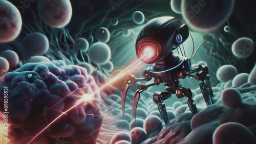 Futuristic nanobot operating, destroying a cancer cell with laser. Nanotechnology, nanobots, future of medicine, surgery robot, microscopic robot, microbot, cancer cure concept. photo