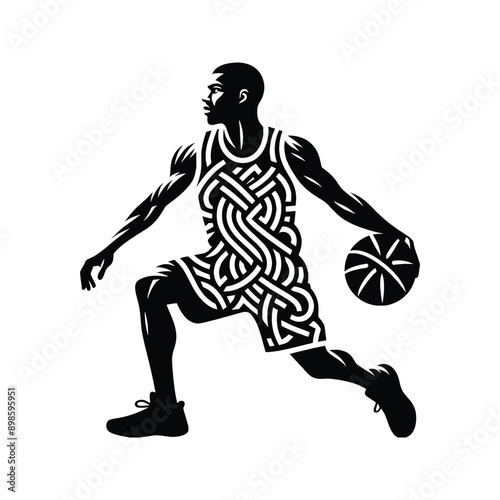 Basketball  male player in celtic knot pattern illustration, emblem shield badge