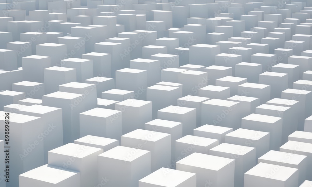 3D rendering of a cityscape composed of numerous white cubes or blocks arranged in a grid-like pattern. 3D rendering of a cityscape composed of numerous white cubes or blocks arranged in a grid-like pattern.
