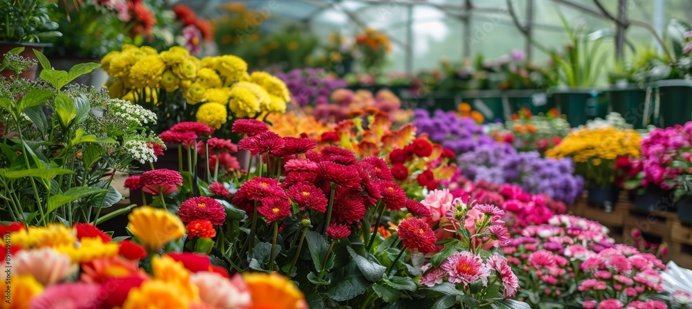 Vibrant Floral Display in Greenhouse Featuring Diverse Flower Species and Colors for Artistic Inspiration Vibrant Floral Display in Greenhouse Featuring Diverse Flower Species and Colors for Artistic Inspiration