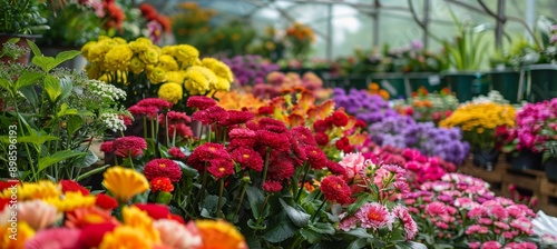Vibrant Floral Display in Greenhouse Featuring Diverse Flower Species and Colors for Artistic Inspiration photo