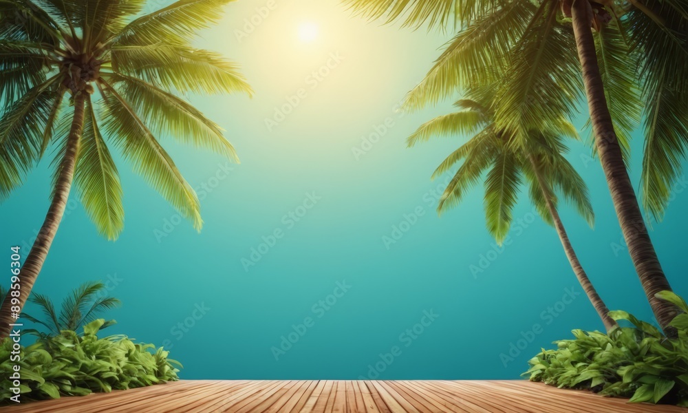 tropical scene featuring palm trees and a wooden walkway. tropical scene featuring palm trees and a wooden walkway.