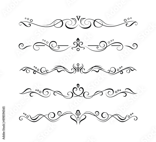 Set of 5 hand drawn calligraphic text dividers. Editable retro lines, separators or frame elements
