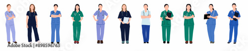 Female nurses character in different poses isolated vector illustration. 