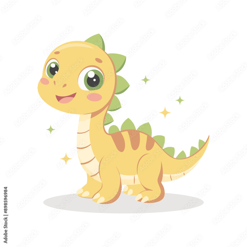 Cute baby dinosaur on white background. Design for greeting cards, invitations, printing on clothes. Flat style illustration Cute baby dinosaur on white background. Design for greeting cards, invitations, printing on clothes. Flat style illustration