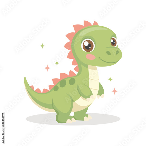 Cute baby dinosaur on white background. Design for greeting cards, invitations, printing on clothes. Flat style illustration