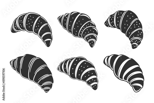 Set of hand drawn french croissants, engraving, pastry silhouettes. Black and white illustration, icons