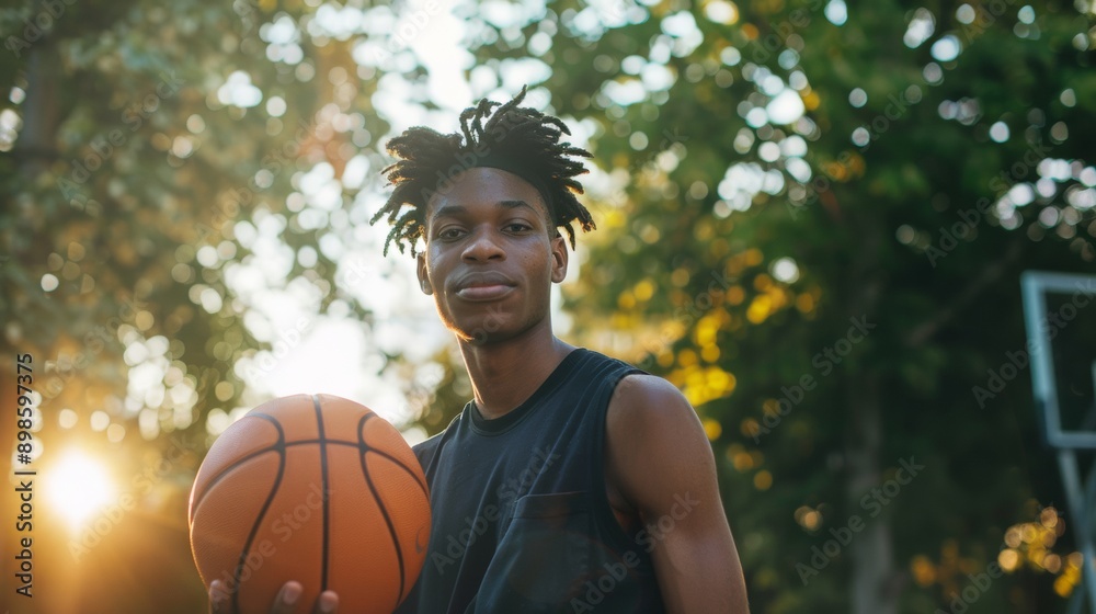 young black man playing basketball in a park looking at the camera on a sunrise young black man playing basketball in a park looking at the camera on a sunrise