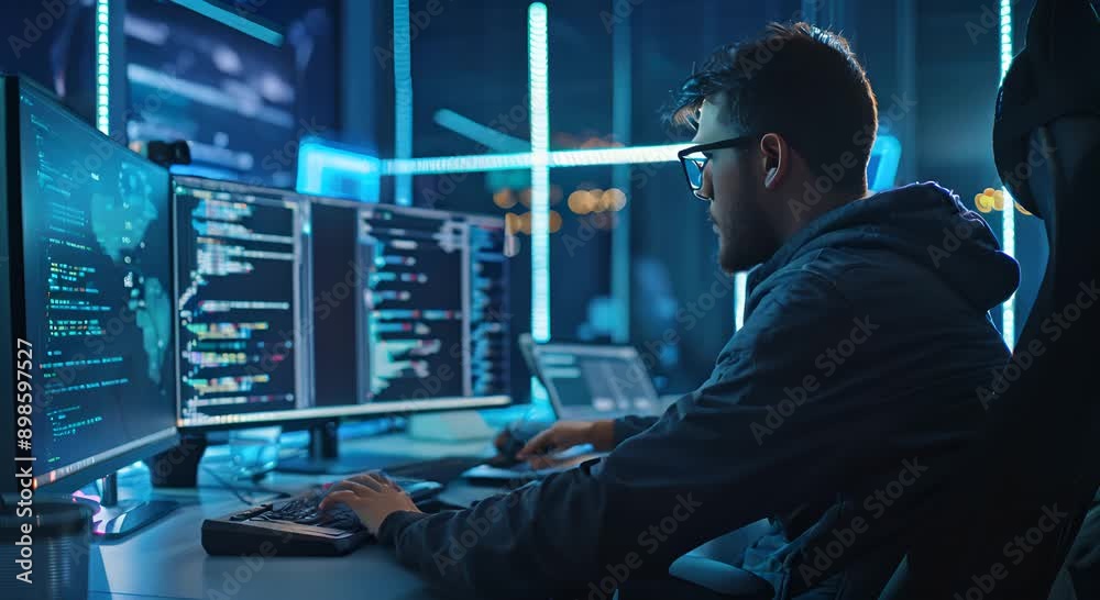 A man is sitting in front of a computer with a keyboard and a mouse. He is typing on the keyboard and looking at the computer screen. The room is dimly lit, and there are two monitors on the desk A man is sitting in front of a computer with a keyboard and a mouse. He is typing on the keyboard and looking at the computer screen. The room is dimly lit, and there are two monitors on the desk