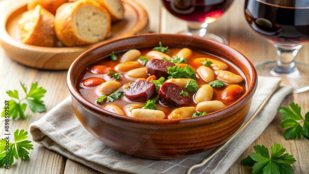 Guiso de alubias con chorizo acompañado de pan y vino tinto en una mesa de comedor. Guiso de alubias con chorizo acompañado de pan y vino tinto en una mesa de comedor.
