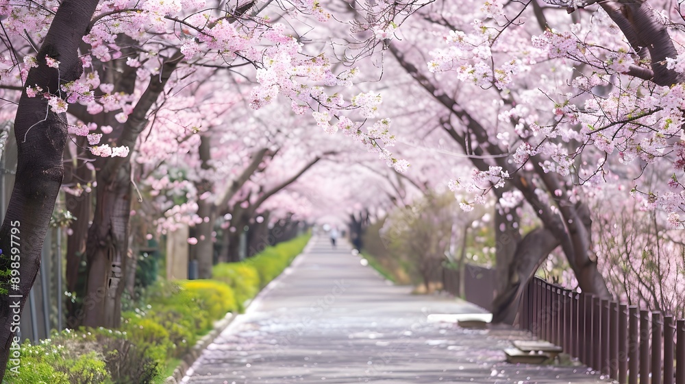 Serene Cherry Blossom Pathway Blooming in Spring Nature Landscape Serene Cherry Blossom Pathway Blooming in Spring Nature Landscape