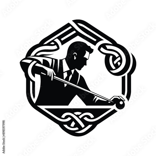 Billiards, Snooker  male player in celtic knot pattern illustration, emblem shield badge