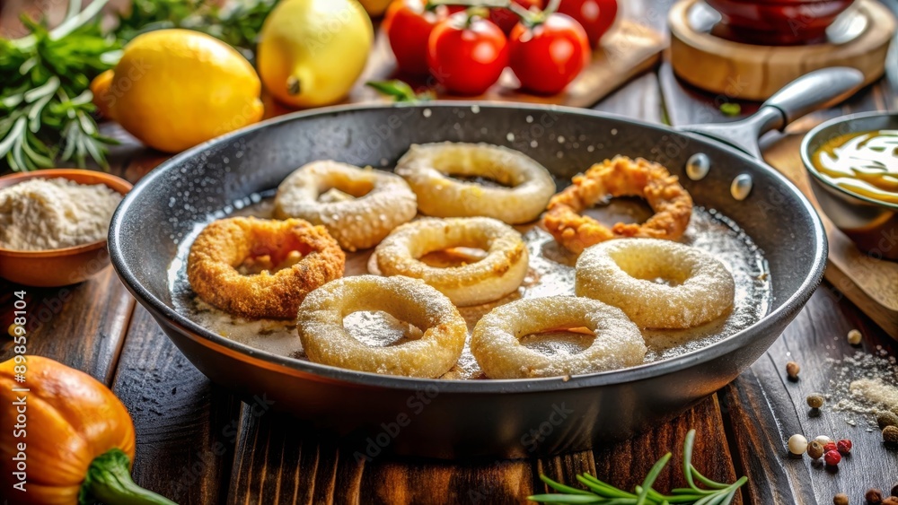 Aros de calamares friéndose en aceite caliente con ingredientes frescos alrededor. Aros de calamares friéndose en aceite caliente con ingredientes frescos alrededor.