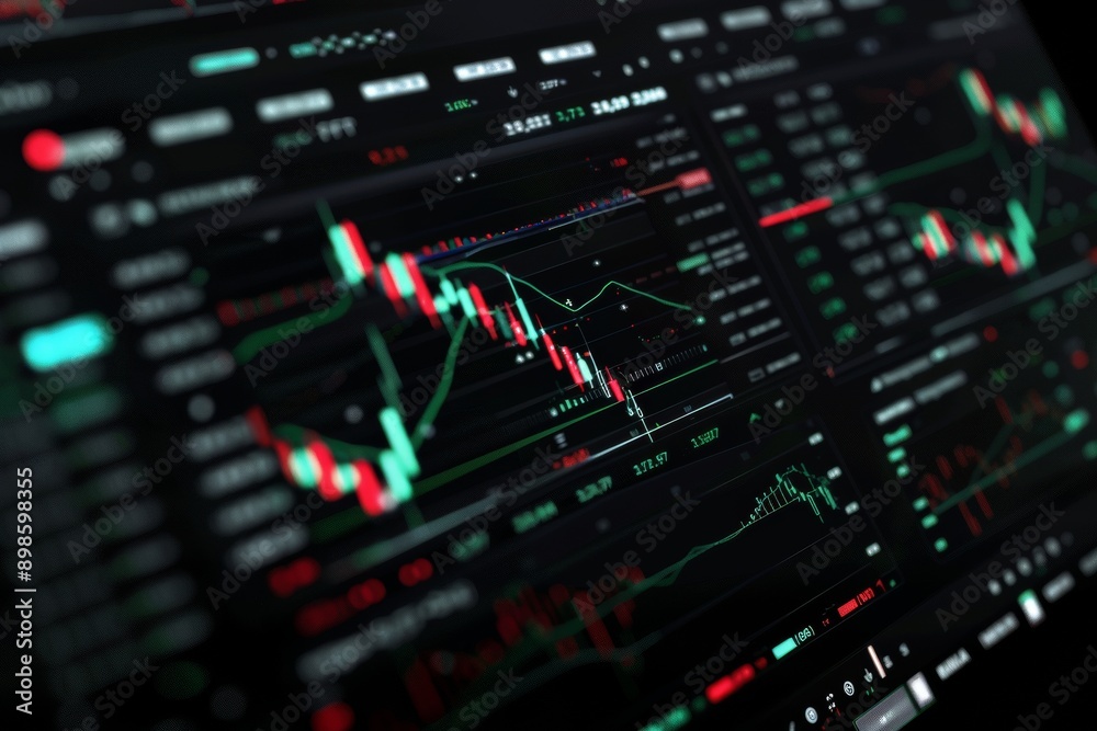 Close-up of a computer screen displaying stock market data with fluctuating charts and numbers. Close-up of a computer screen displaying stock market data with fluctuating charts and numbers.